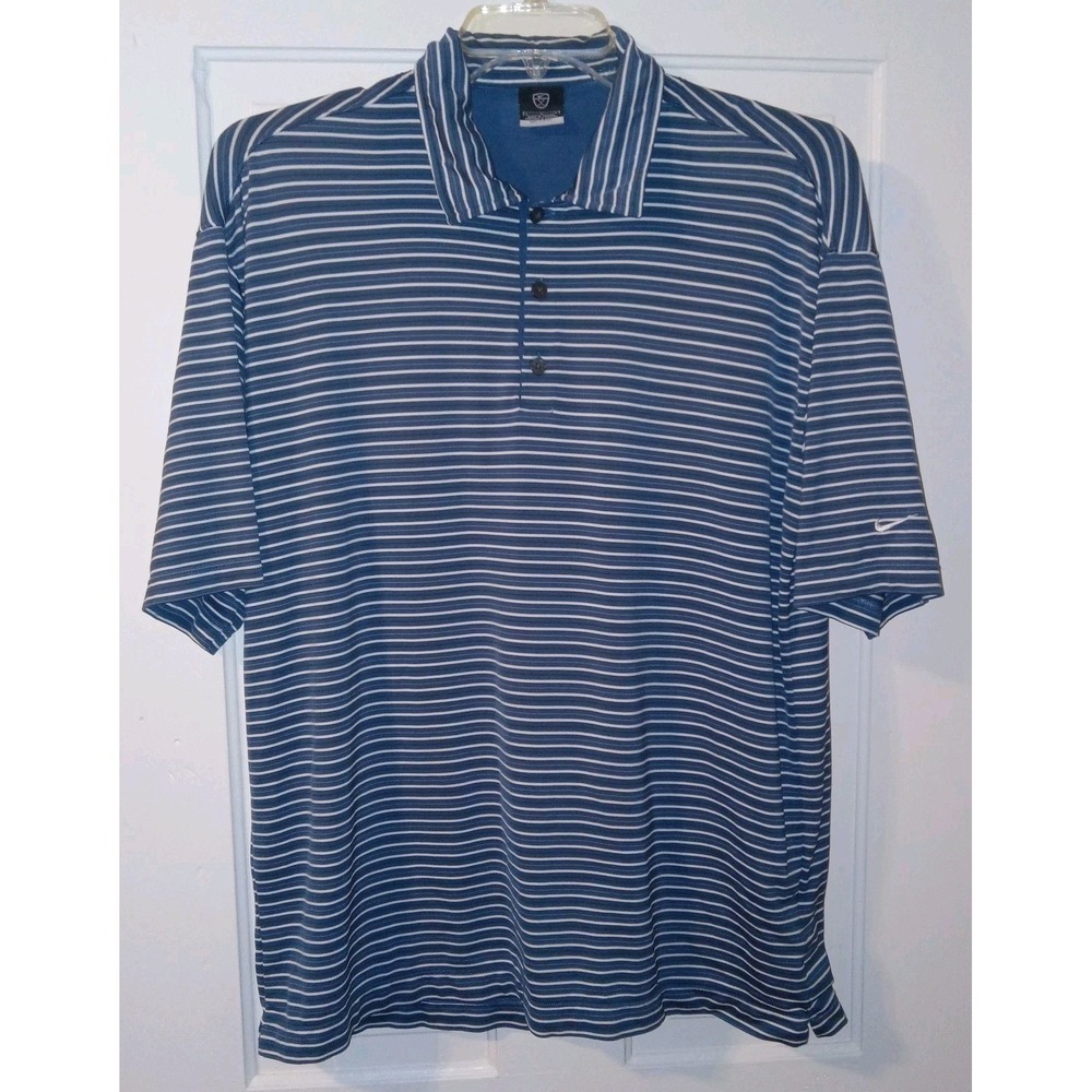 Nike Golf Polo Shirt Mens L Blue White Striped Dri-FIT Short Sleeve